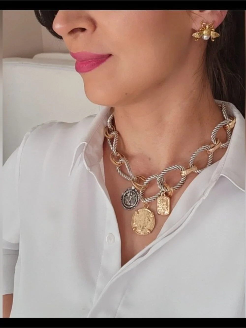 Two-Tone Twisted Link Coin Necklace - Gold & Silver